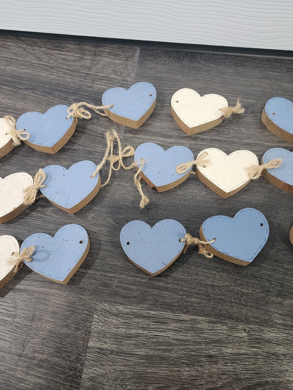 Handmade Wooden Heart Garland - Blue & Cream